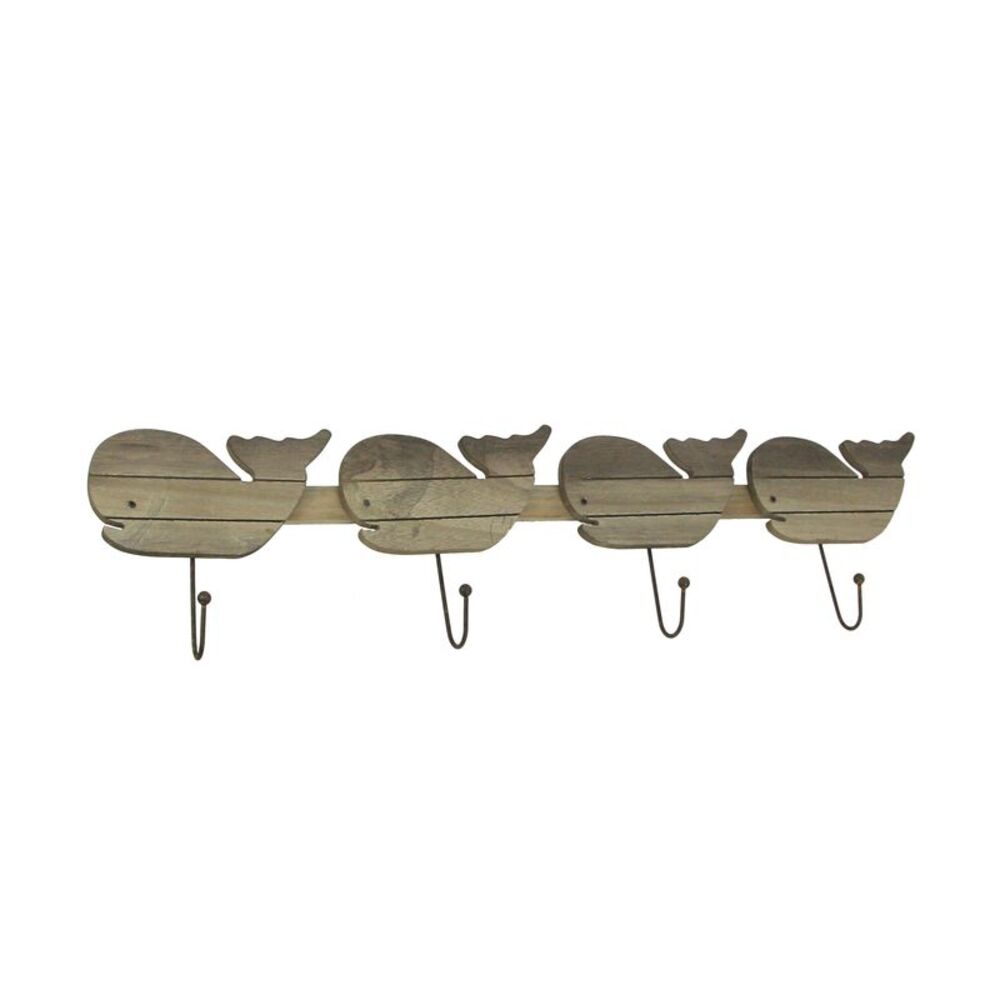 Distressed Wooden Whale 4 Hook Hanging Wall Rack 28 Inches Long